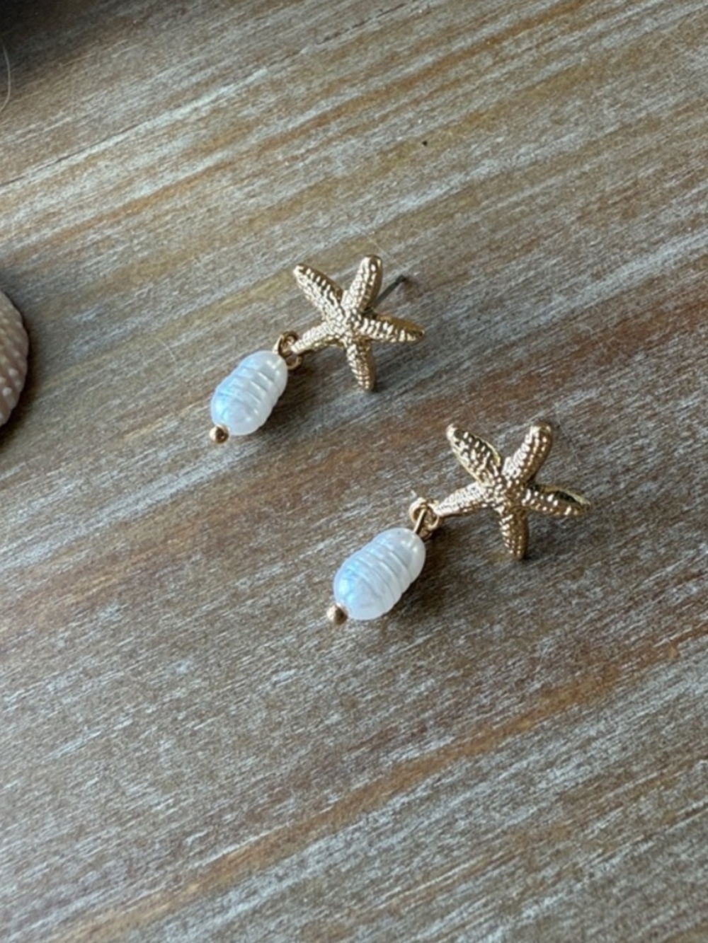 Gold Starfish Pearl Drop Earrings - Picture 3 of 11